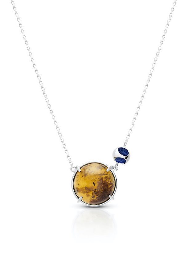 Minute Amber Pendant Necklace in 925 sterling silver with platinum plating and blue microfiber
