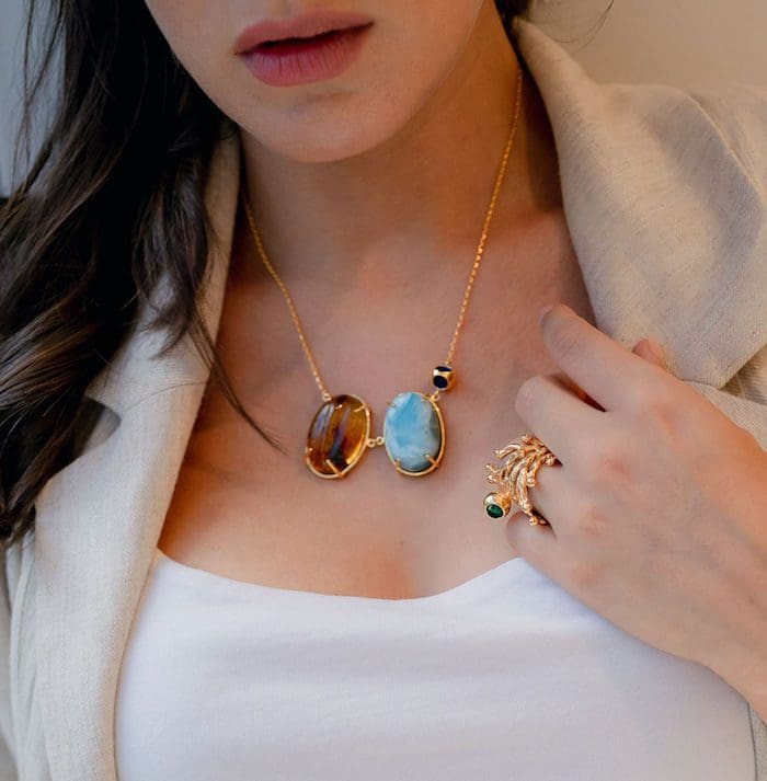 Elegant Amber and Larimar pendant jewelry featuring Blue and Brown stones with gold accents.