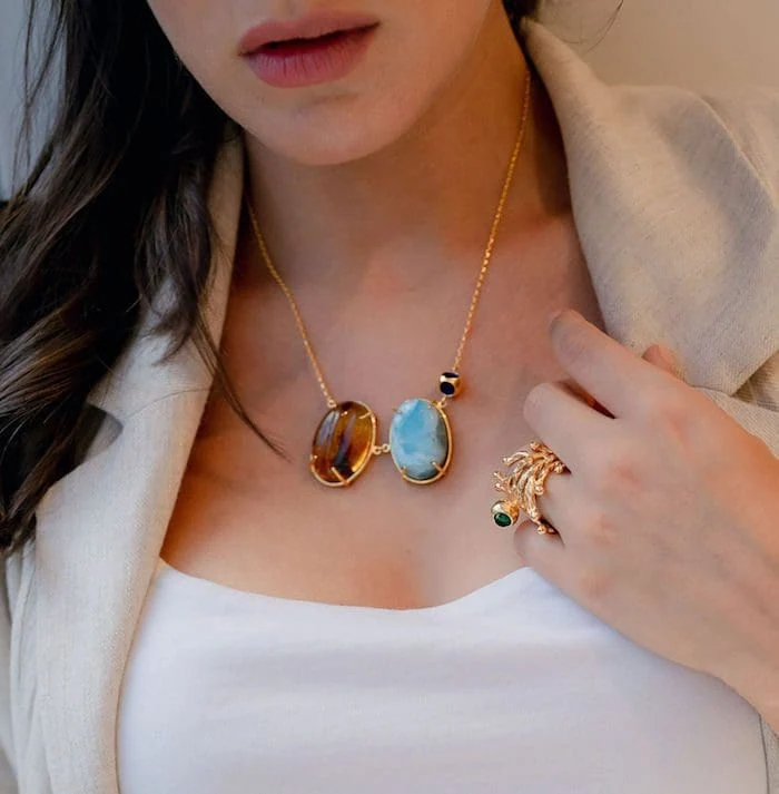 Elegant Amber and Larimar pendant jewelry featuring Blue and Brown stones with gold accents.