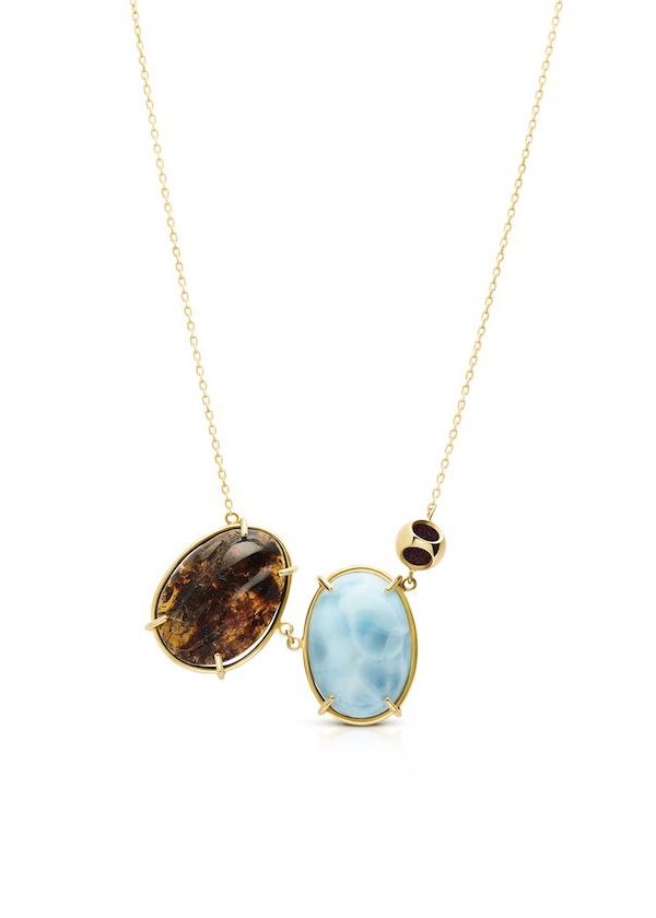 Minute Amber & Larimar Pendant Necklace in 925 sterling silver with 18k gold plating and burgundy microfiber