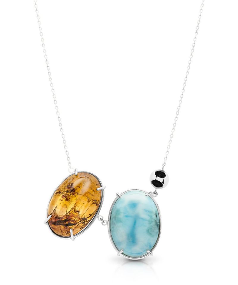Minute Amber & Larimar Pendant Necklace in 925 sterling silver with platinum plating and black microfiber