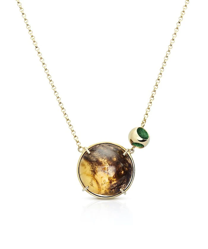 Elegant amber and green bead pendant necklace for women. Perfect for stylish accessory collections.