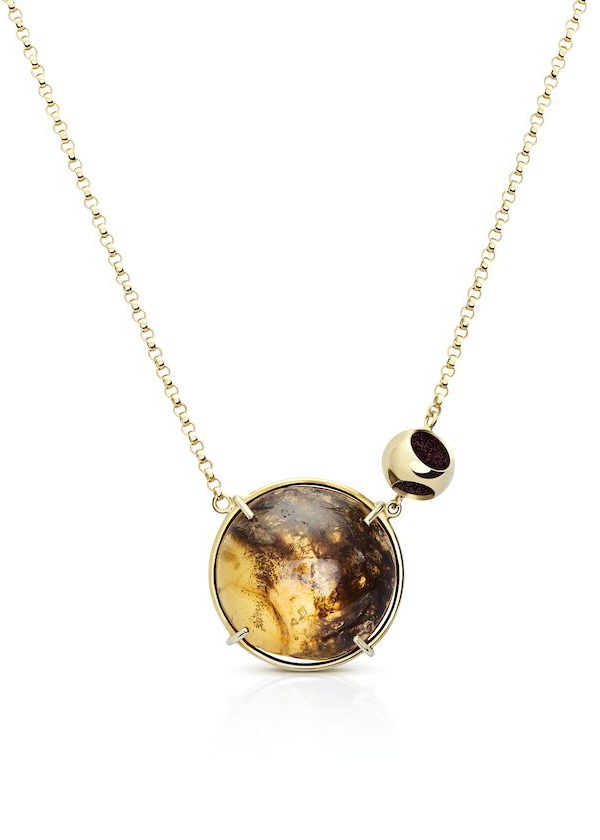 Petite Circle Amber Necklace in 925 sterling silver with 18k gold plating and burgundy microfiber