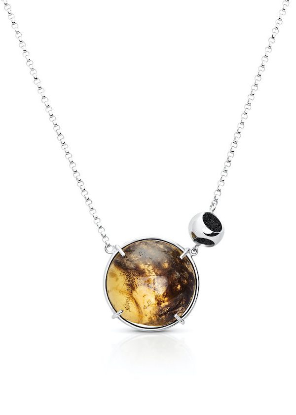 Petite Circle Amber Necklace in 925 sterling silver with platinum plating and black microfiber