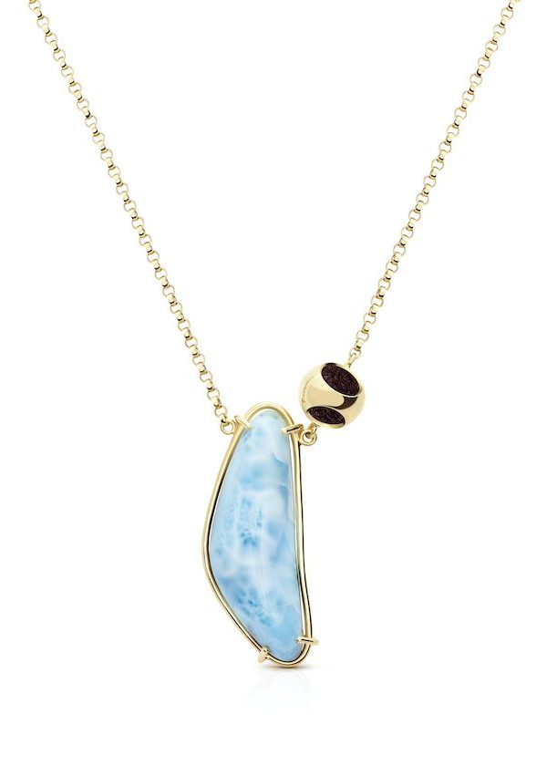 Petite Luna Larimar Necklace in 925 sterling silver with 18k gold plating and burgundy microfiber