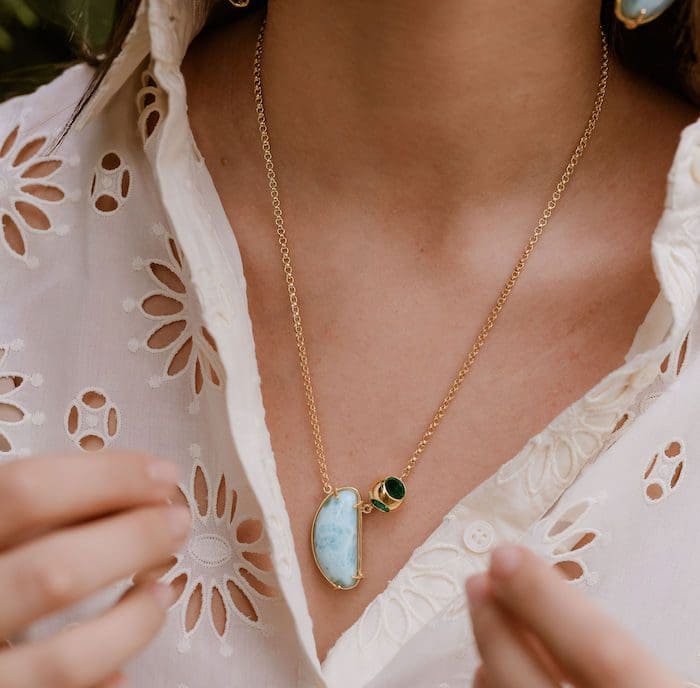 Elegant Luna Larimar pendant necklace with gold chain for a sophisticated look.