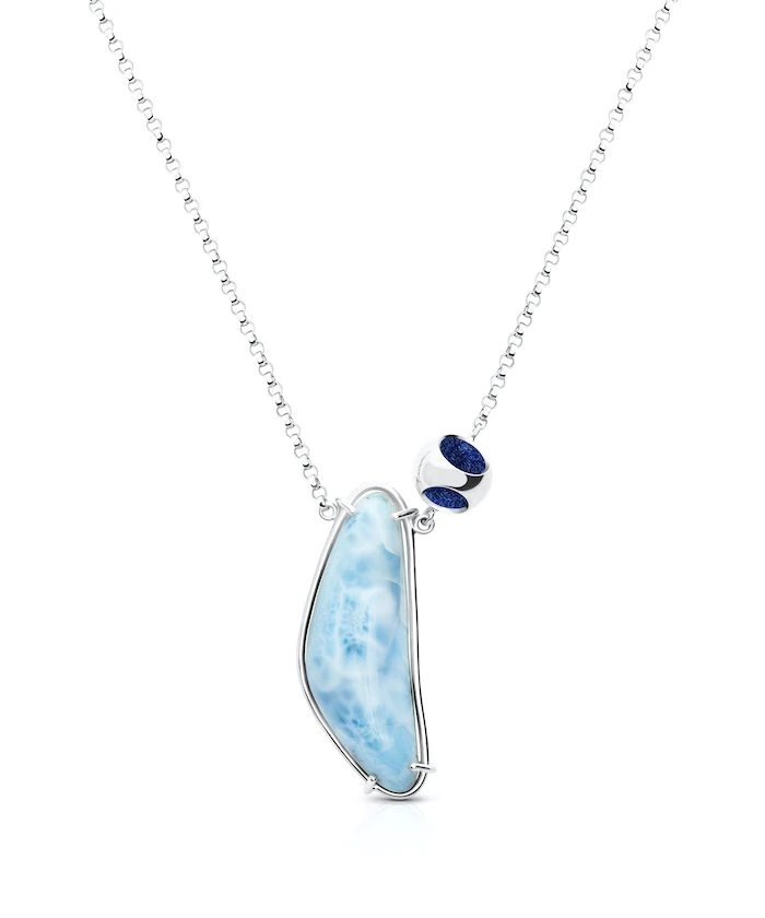 Petite Luna Larimar pendant with silver chain, blue gemstone jewelry for elegant style.