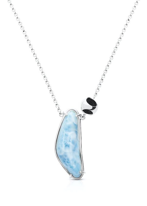 Petite Luna Larimar Necklace in 925 sterling silver with platinum plating and black microfiber