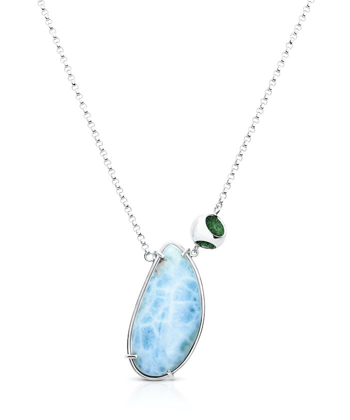 Sterling silver larimar gemstone necklace with green accent bead, platinum micron plating.