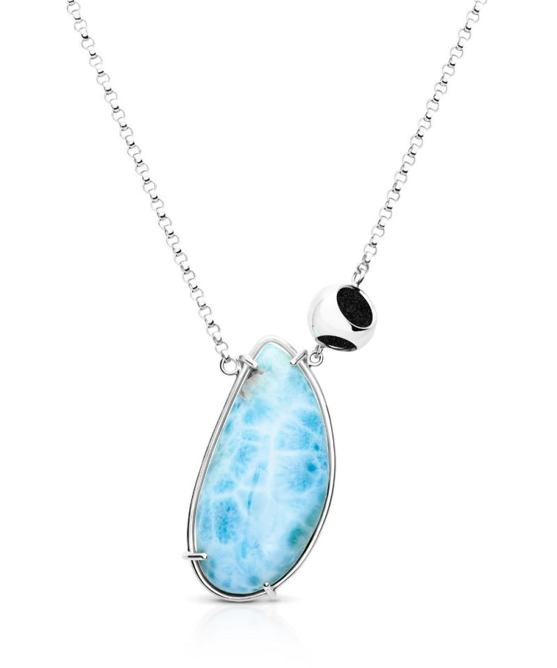 Petite Larimar Necklace in 925 sterling silver with platinum plating and black microfiber