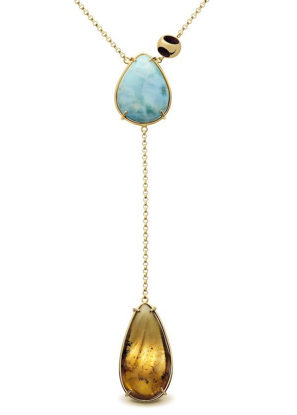 Petite Double Larimar & Amber Pendant Necklace in 925 sterling silver with 18k gold plating and burgundy microfiber