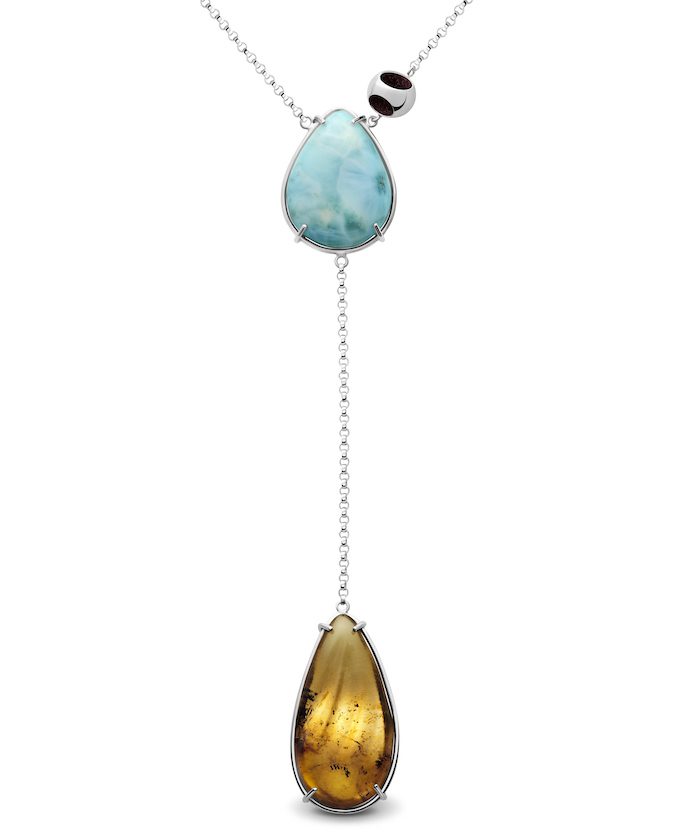 Delicate Larimar and Amber pendant necklace, handcrafted jewelry featuring vibrant blue and golden stones.
