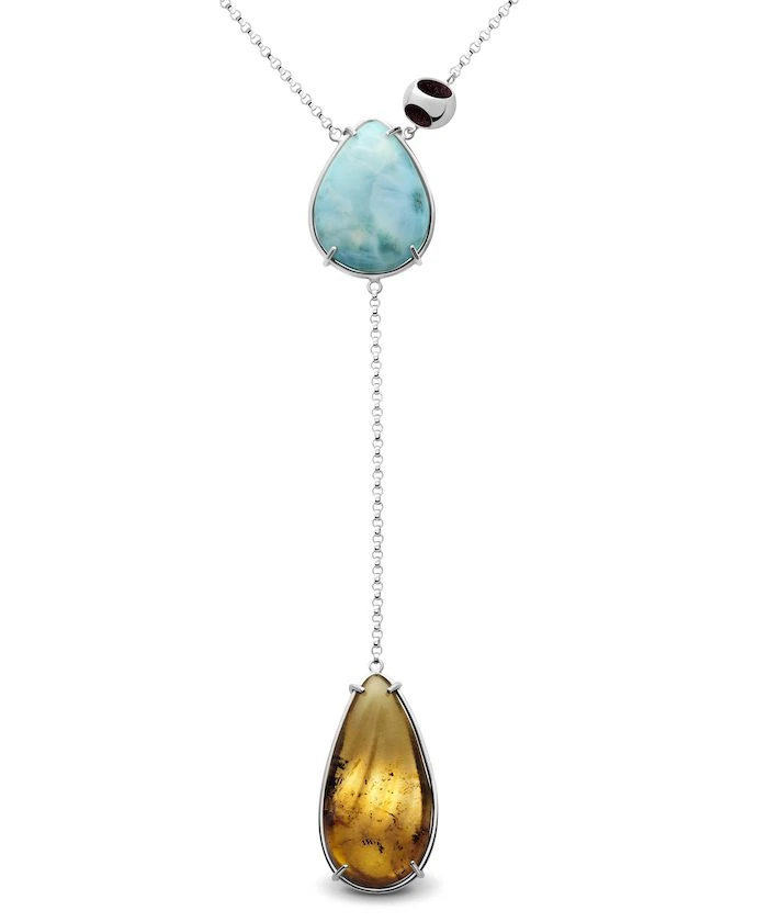 Delicate Larimar and Amber pendant necklace, handcrafted jewelry featuring vibrant blue and golden stones.