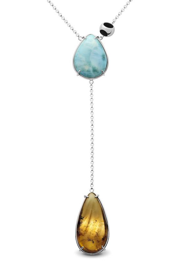 Petite Double Larimar & Amber Pendant Necklace in 925 sterling silver with platinum plating and black microfiber
