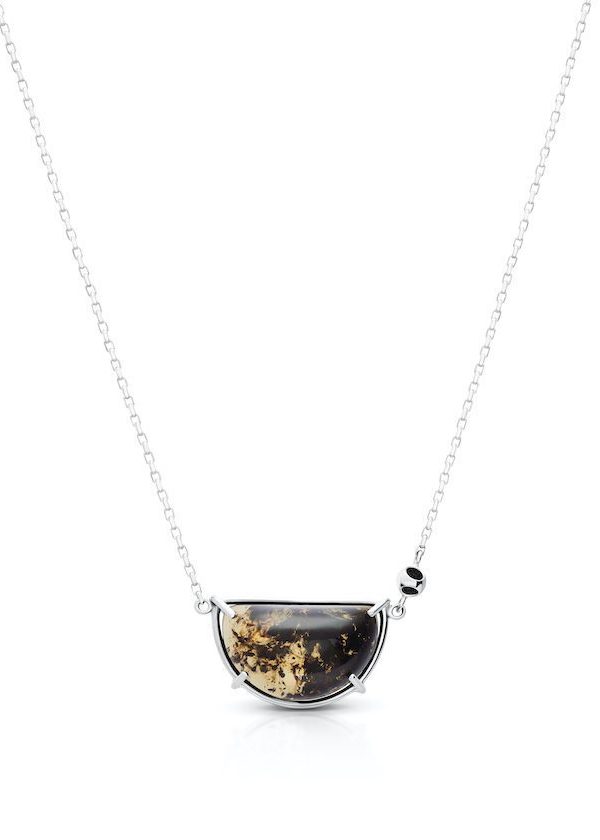 Teeny Amber Pendant Necklace in 925 sterling silver with platinum plating and black microfiber