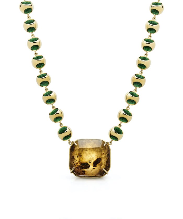 Stylish amber and green gemstone petite choker with gold accents, perfect for a trendy, luxury look.