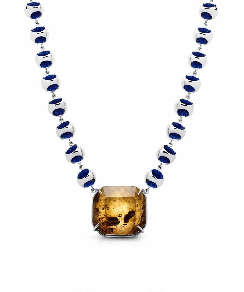Collar gargantilla Infinity Petite Ámbar en plata de ley 925 con baño de platino y microfibra azul