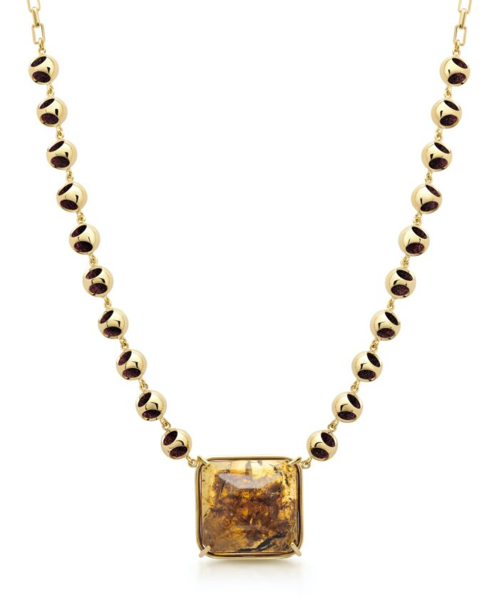 Amber and gold jewelry, pendant choker, stylish accessories, luxury jewelry design.