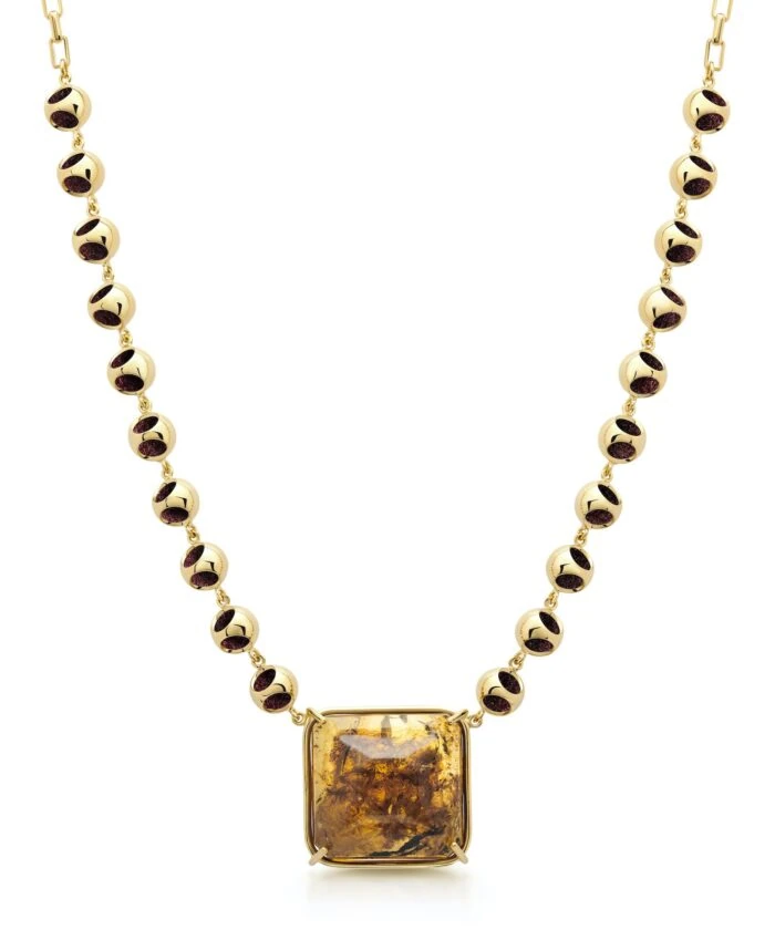 Amber and gold jewelry, pendant choker, stylish accessories, luxury jewelry design.