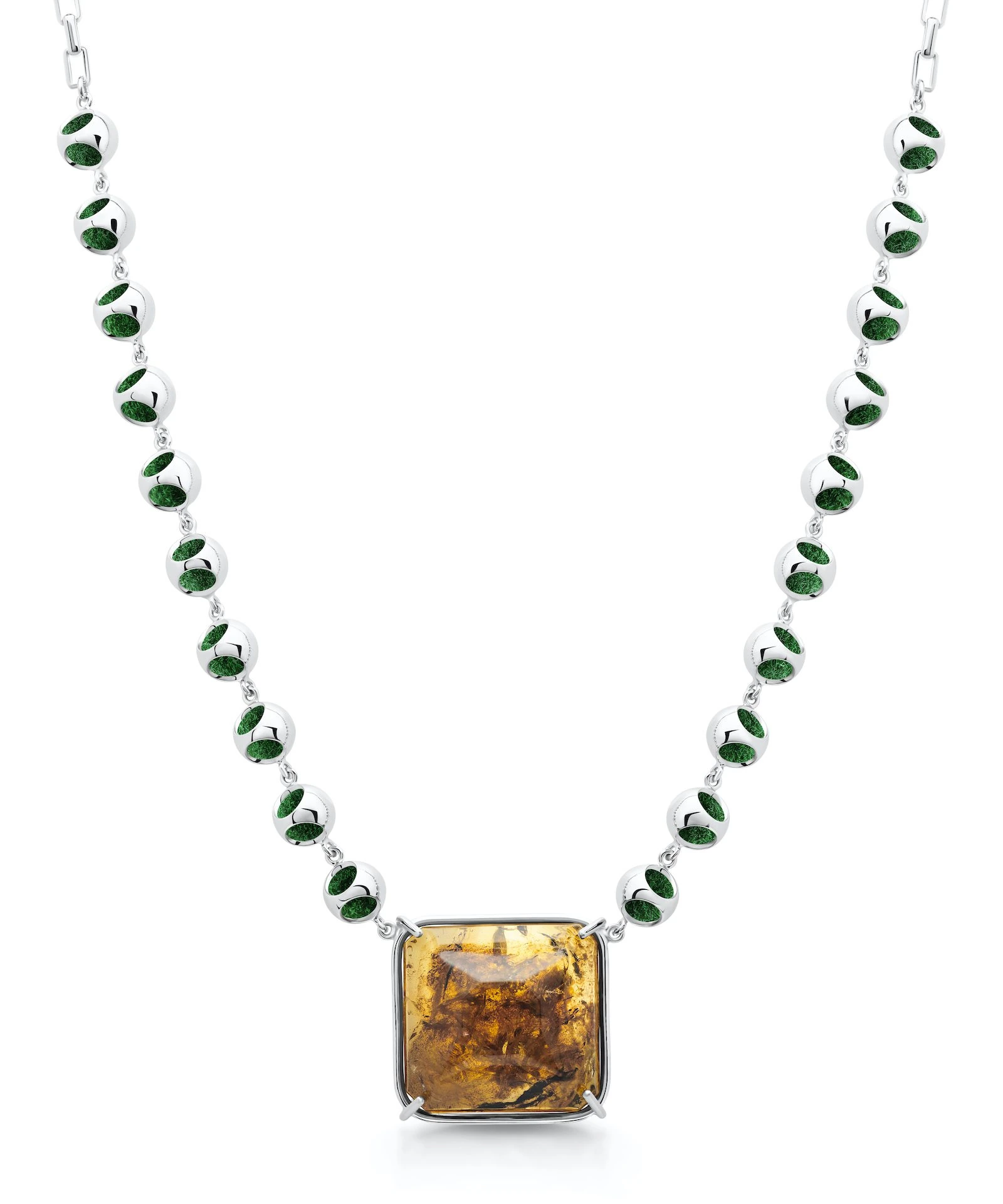 Elegant Amber Choker Necklace with Silver and Green Accents Stunning amber pendant necklace featuring a silver chain and green accents, perfect for stylish jewelry lovers.