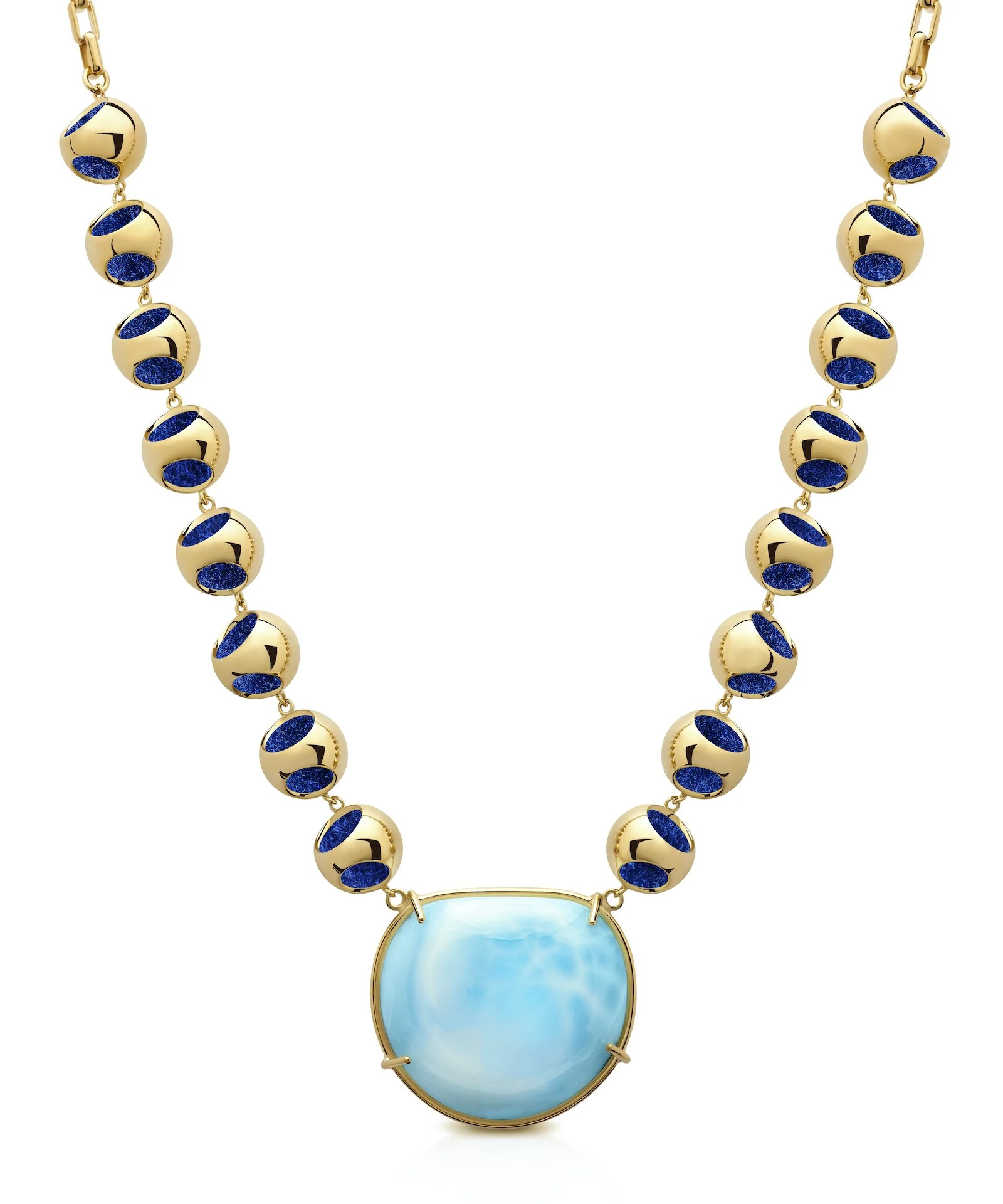 Elegant Blue Larimar Necklace with Gold Accents Stunning Larimar choker featuring a large blue gemstone pendant and gold beads with deep blue accents. Perfect for sophisticated jewelry lovers.