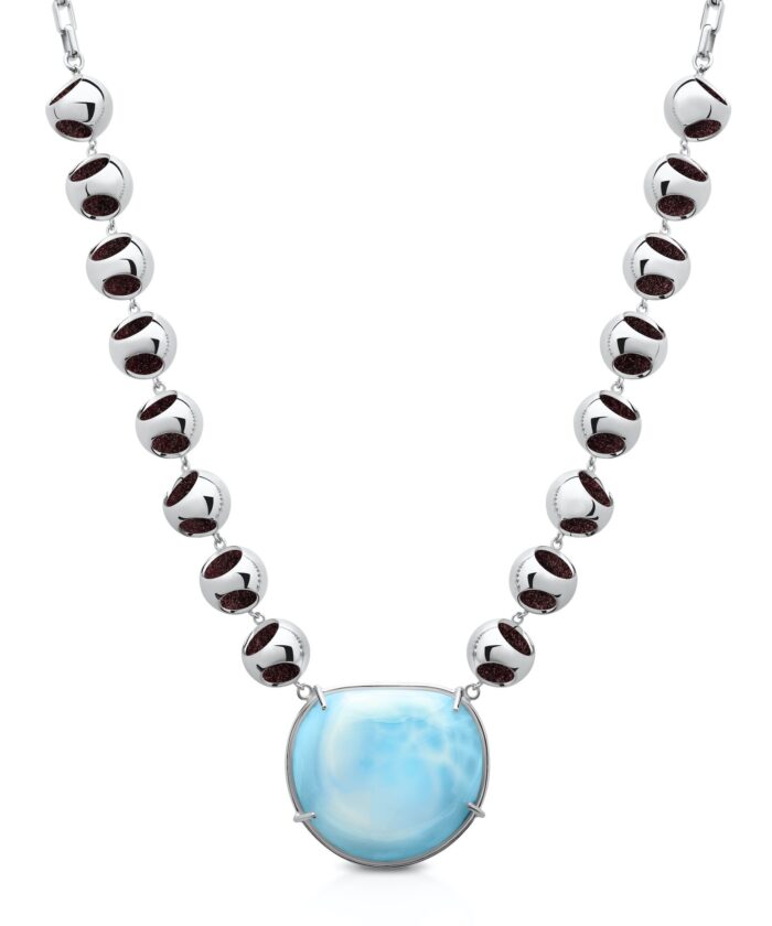 Sterling silver Larimar pendant necklace with black gemstone beads for a stylish look.