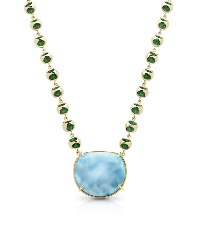Stylish Larimar and green gemstone necklace featuring gold setting, perfect for sophisticated jewelry collection.