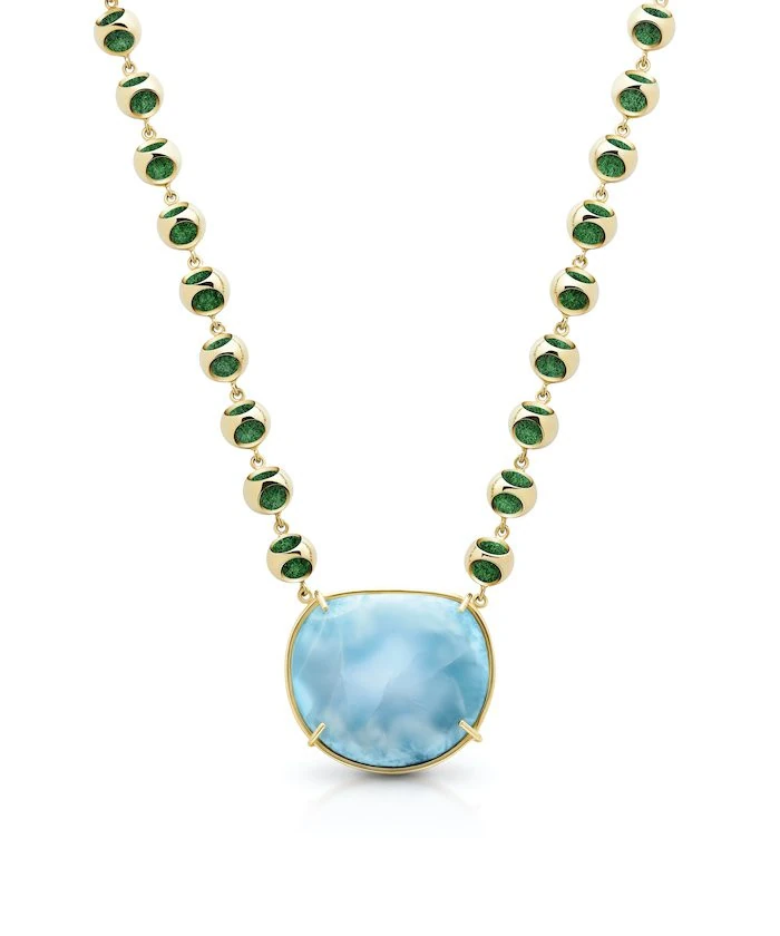Stylish Larimar and green gemstone necklace featuring gold setting, perfect for sophisticated jewelry collection.