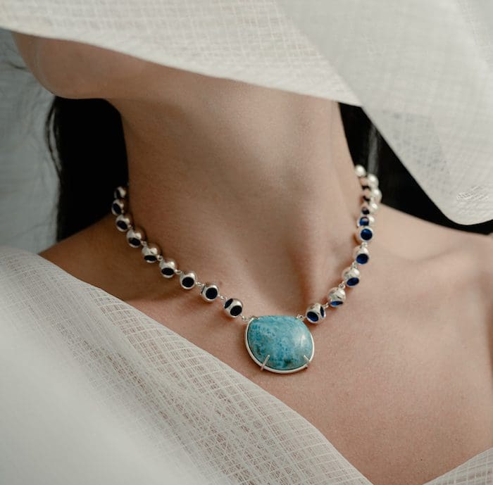 Elegant larimar and silver bead necklace for women.