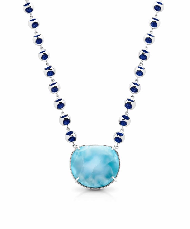 Infinity Minute Larimar Choker Necklace in 925 sterling silver with platinum plating and blue microfiber