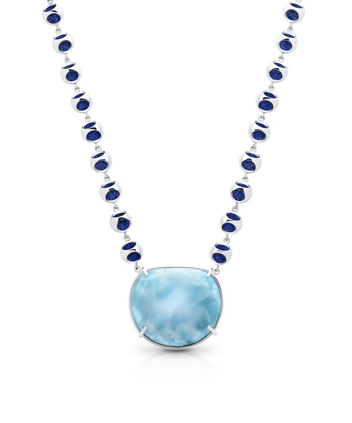 Dazzling Larimar stone pendant with a silver and platinum-plated chain linked with blue accents.