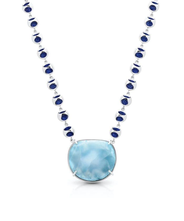 Dazzling Larimar stone pendant with a silver and platinum-plated chain linked with blue accents.