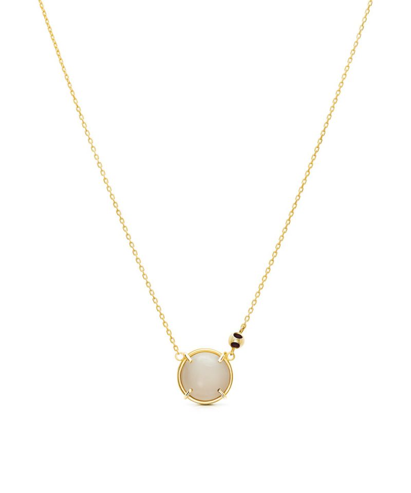 Teeny Circle Moonstone Pendant in 925 sterling silver with 18k gold plating and Blazing Burgundy accents