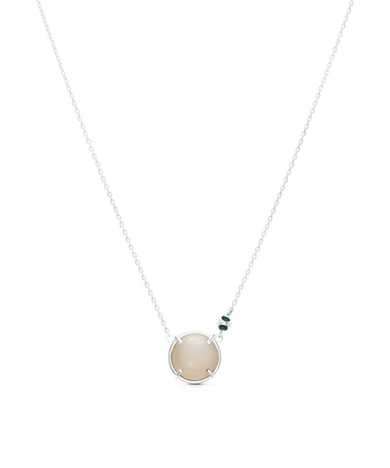 Teeny Circle Moonstone Pendant in 925 sterling silver with platinum plating and Jazzy Green accents