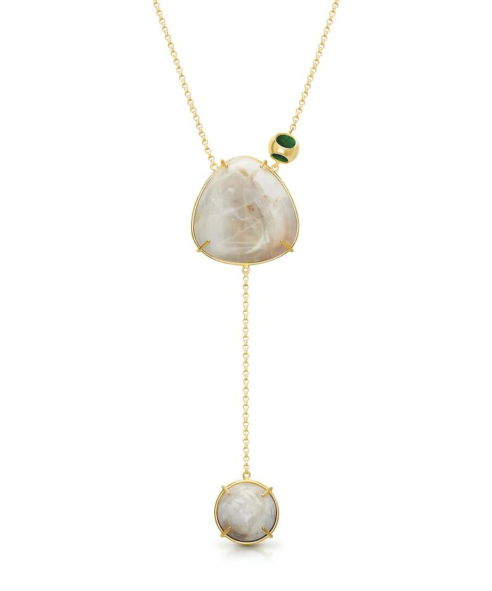 Elegant double moonstone gemstone pendant necklace, gold setting and chain. Perfect for stylish jewelry enthusiasts.