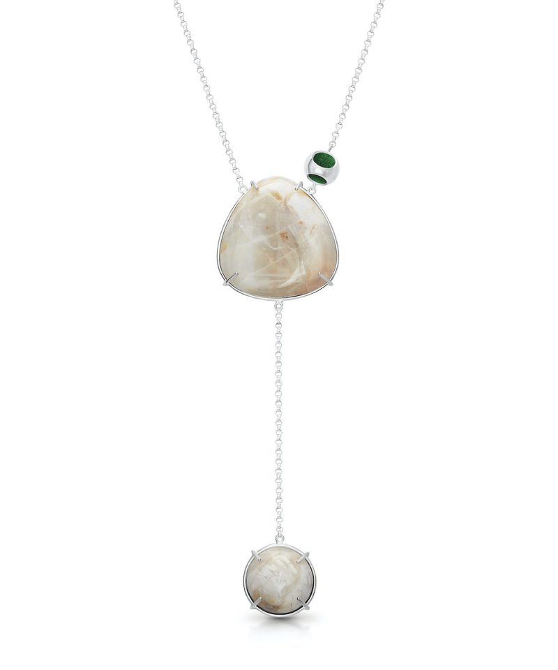 Petite Double Moonstone Pendant in 925 sterling silver with platinum plating and Jazzy Green accents