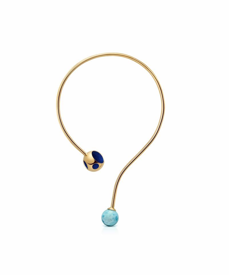 Huritá Sphere Larimar Choker Necklace in 925 sterling silver with 18k gold plating and blue microfiber