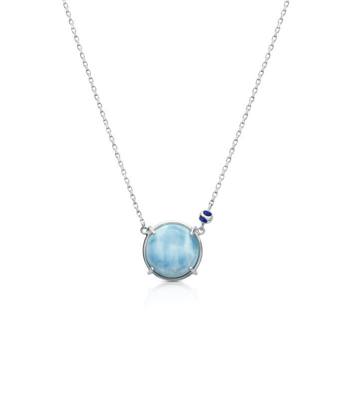 Beautiful larimar gemstone pendant on a silver chain, perfect for elegant jewelry collections.