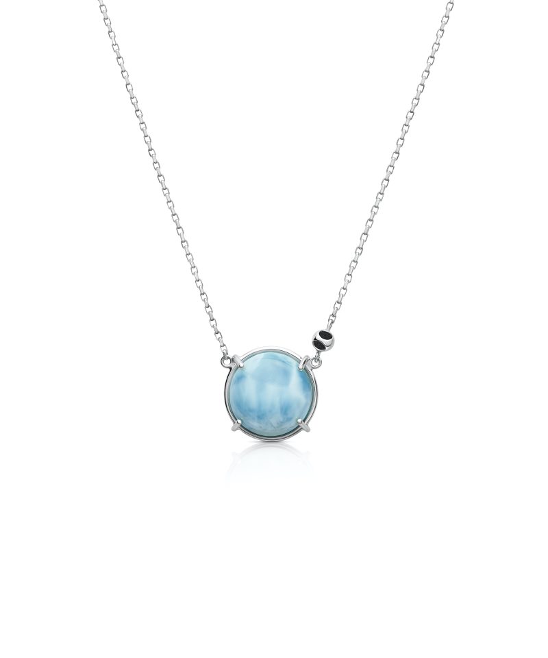 Teeny Circle Larimar Pendant Necklace in 925 sterling silver with platinum plating and black microfiber