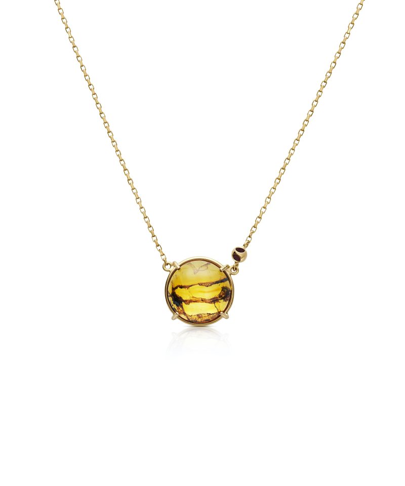 Teeny Circle Amber Pendant Necklace in 925 sterling silver with 18k gold plating and burgundy microfiber
