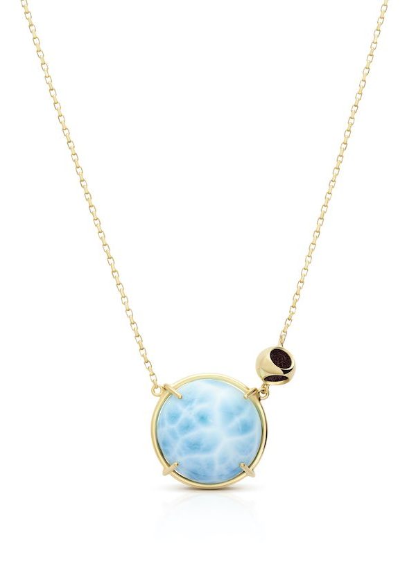 Minute Larimar Pendant Necklace in 925 sterling silver with 18k gold plating and burgundy microfiber