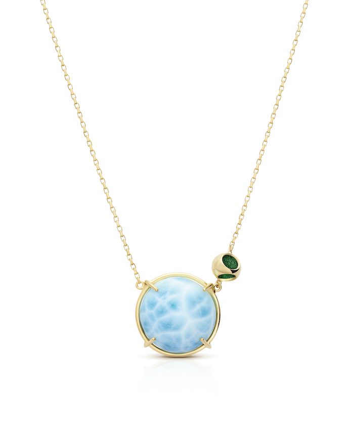 Elegant larimar gemstone necklace with gold chain and green accents. Perfect for summer jewelry.