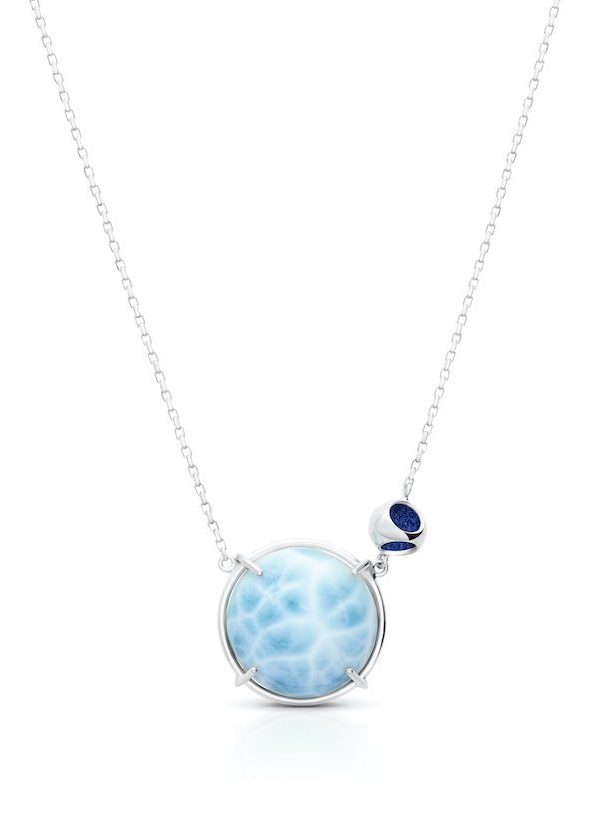 Minute Larimar Pendant Necklace in 925 sterling silver with platinum plating and blue microfiber