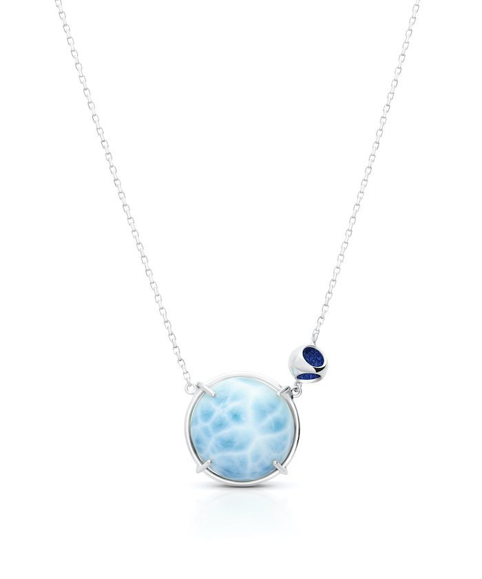 Elegant Larimar and blue gemstone pendant necklace by Monica Varela, perfect for summer jewelry.
