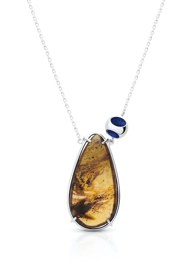 Petite Amber Pendant Necklace in 925 sterling silver with platinum plating and blue microfiber