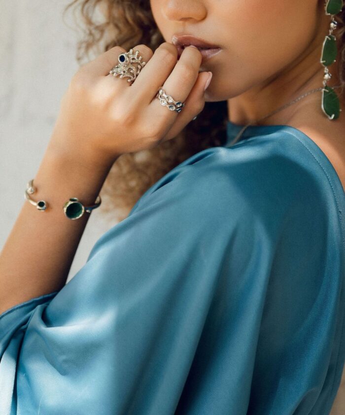 Stunning jewelry collection featuring the Sole Bangle and complementary accessories by Monica Varela.