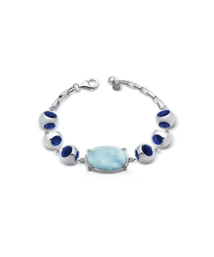 Elegant blue and white gemstone bracelet with silver link chain. Perfect for stylish accessories.
