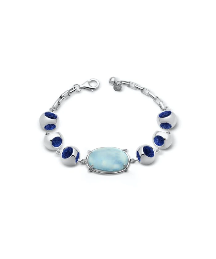 Elegant blue and white gemstone bracelet with silver link chain. Perfect for stylish accessories.