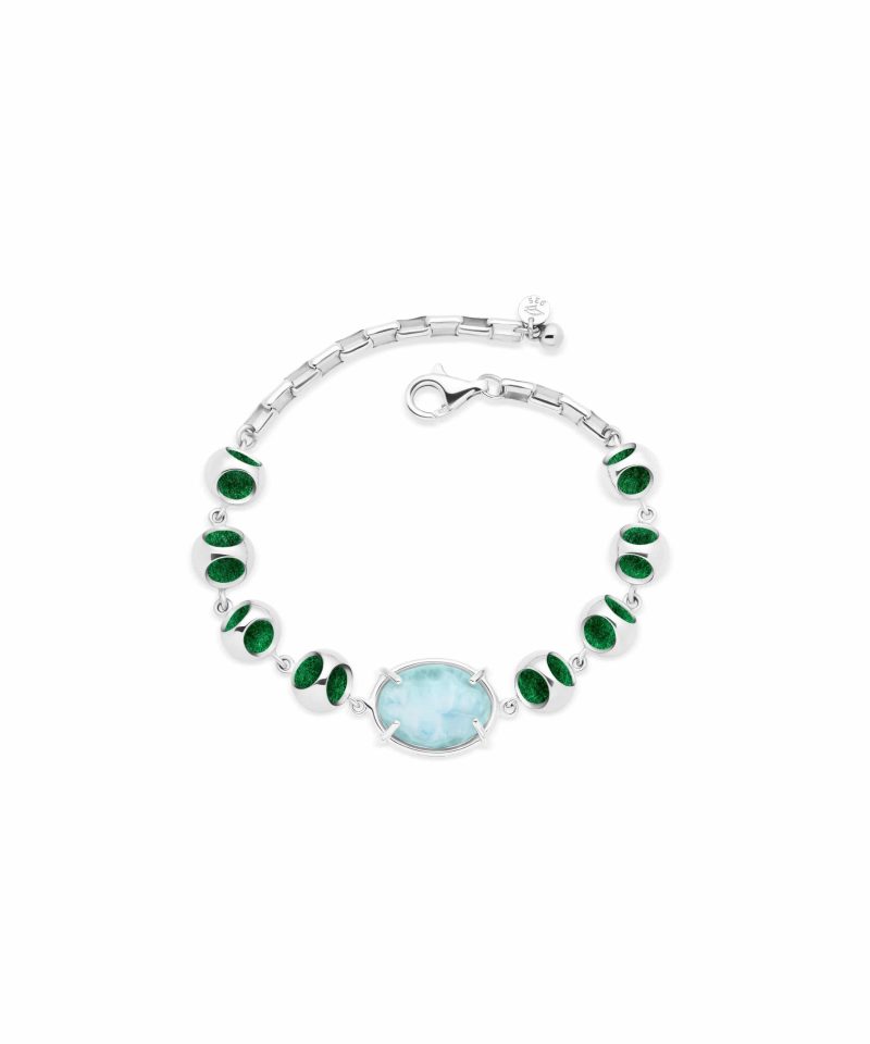 Infinity Minute Larimar Bracelet in 925 sterling silver with platinum plating and green microfiber