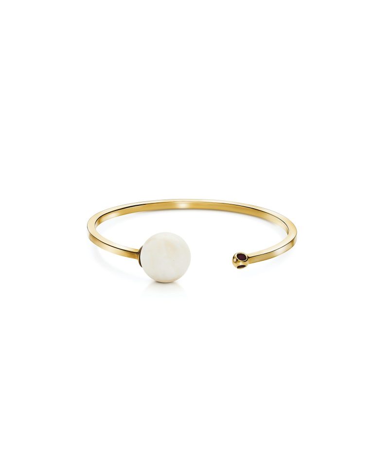 Teeny Moonstone Cuff in 925 sterling silver with 18k gold plating and Blazing Burgundy accents